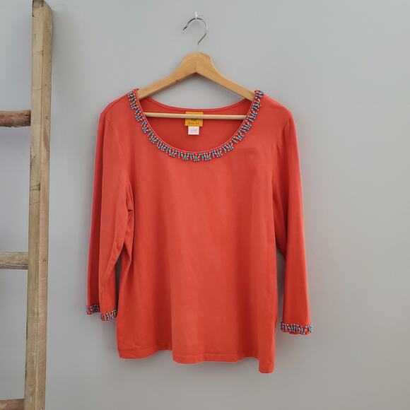 Ruby Rd. Orange Scoop Neckline Beaded Top Size L - Picture 1 of 5